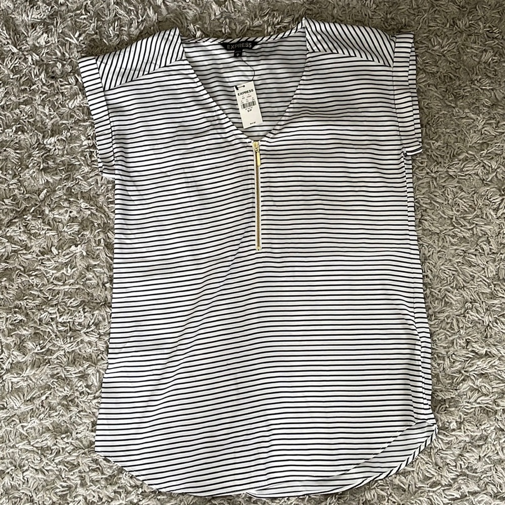Women’s Express- Black and White Striped blouse with Gold Zipper